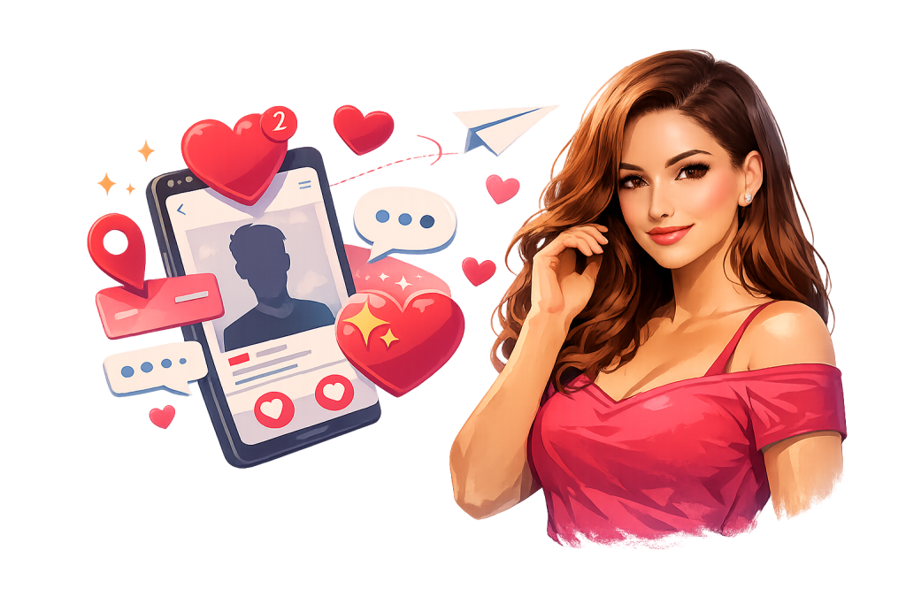 pažinčių programėlė telefone ir moters iliustracija